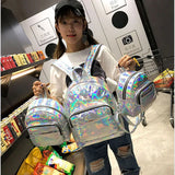 Women Holographic Backpack Silver School Bag Leather