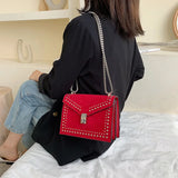 Women Bag PU Leather Rivet Chain Shoulder Square Bag