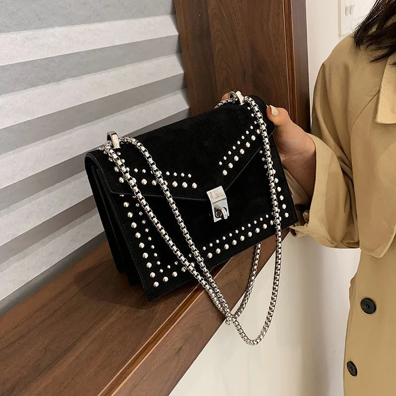 Women Bag PU Leather Rivet Chain Shoulder Square Bag