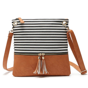 Striped Messenger Bag Tassel Canvas Shoulder Girls Flap