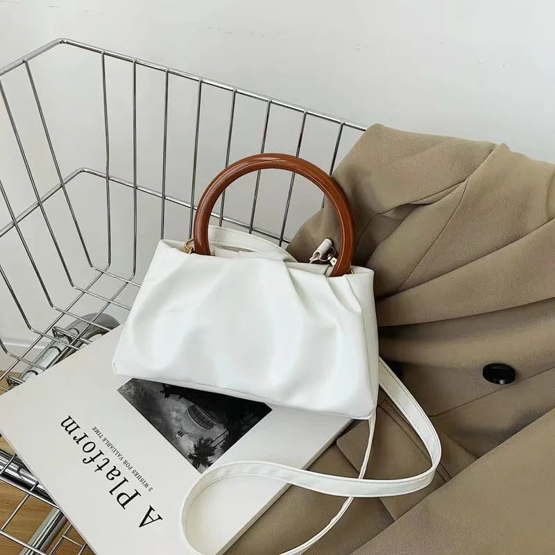 Women's Bag Wooden Handle Crinkled Cloud Small Tote