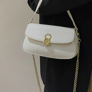 Brown Leather Crossbody Bag with Metal Chain - Casual Flap Handbag