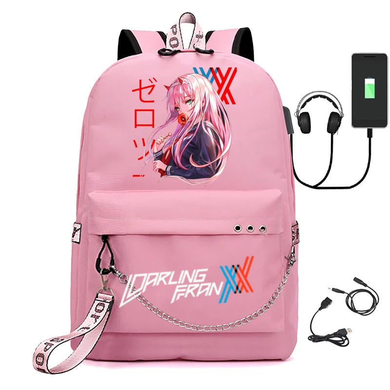 Zero Two USB Charging Travel Canvas Student Backpack Teen School Bag